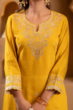 Juniper Mustard Viscose Flared Kurta With Palazzo & Dupatta Set With Mirror, Thread & Zari Work | Grocsy