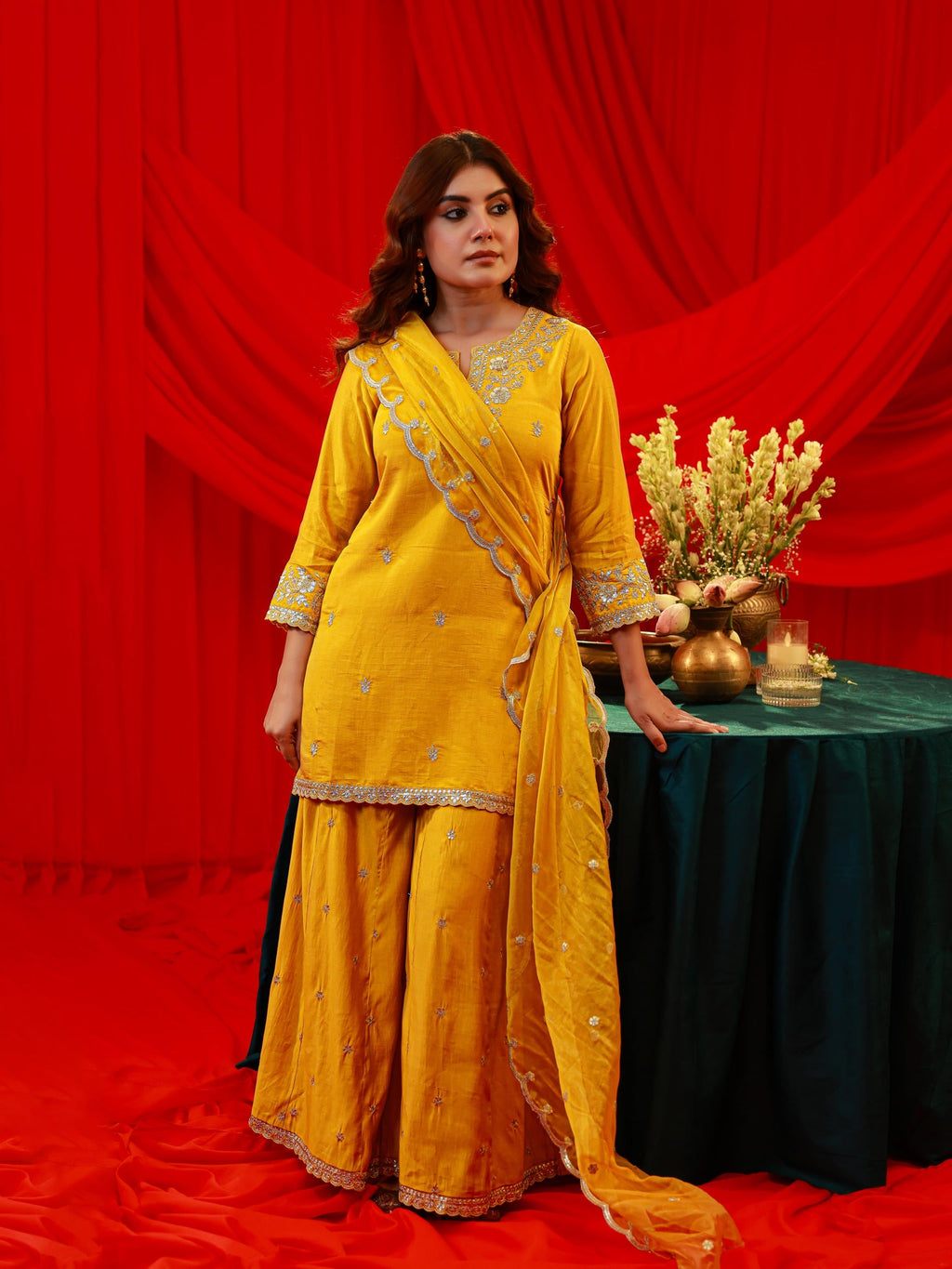 Juniper Mustard Viscose Flared Kurta With Palazzo & Dupatta Set With Mirror, Thread & Zari Work | Grocsy