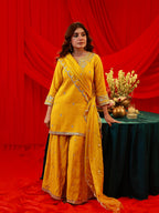 Juniper Mustard Viscose Flared Kurta With Palazzo & Dupatta Set With Mirror, Thread & Zari Work | Grocsy