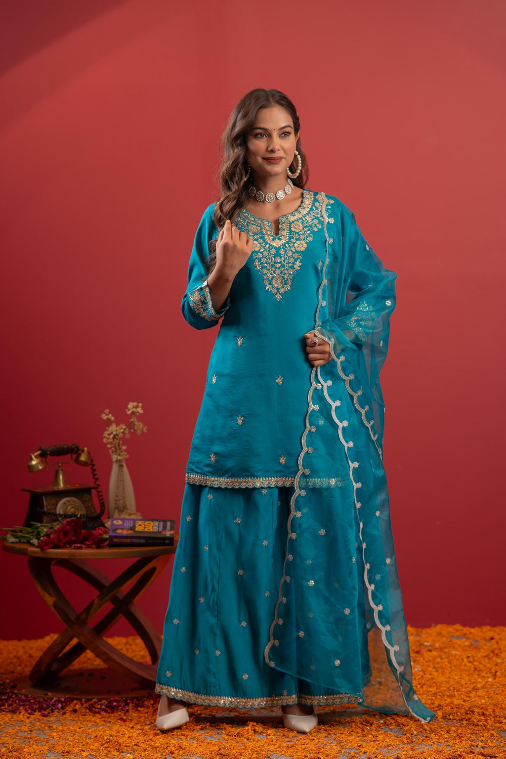Juniper Rama Green Embroidered Kurta With Palazzo & Dupatta Set | Grocsy