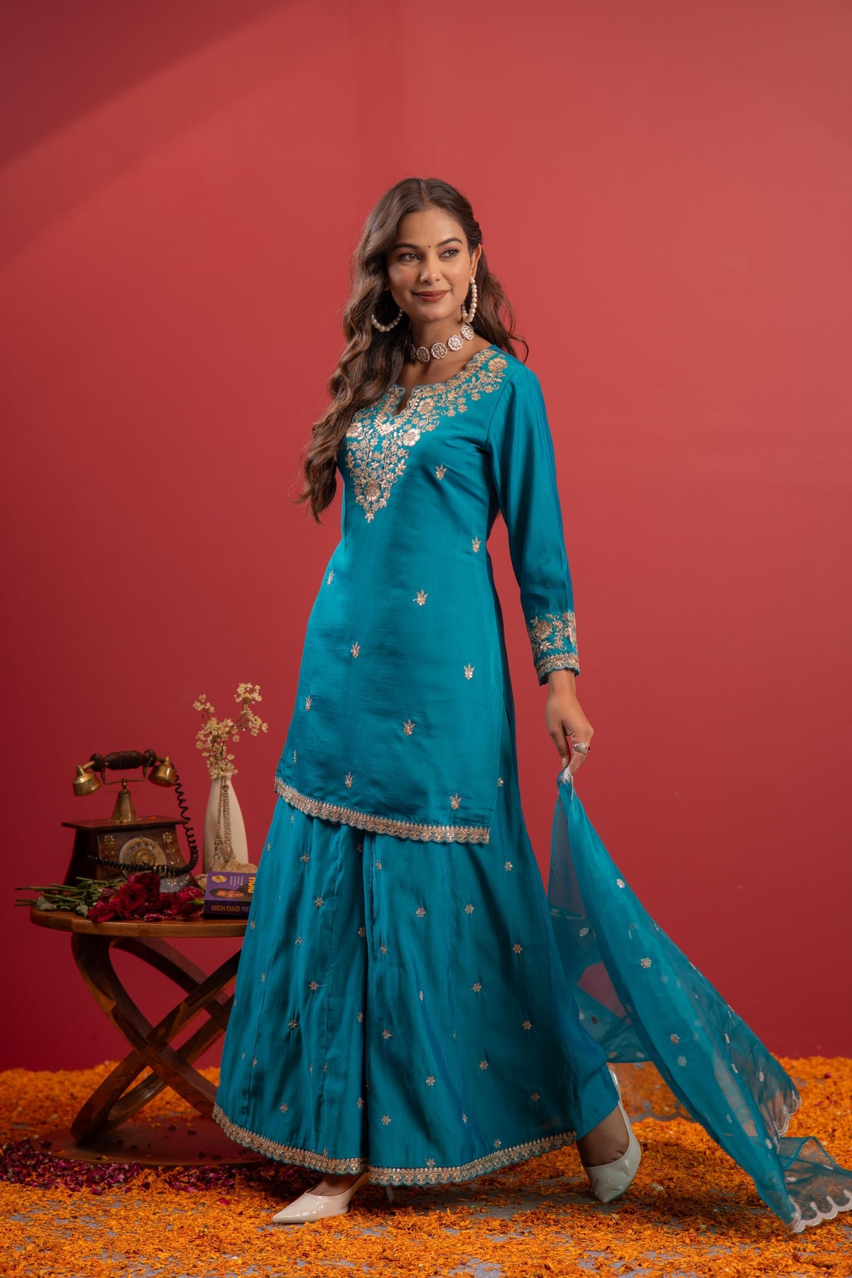 Juniper Rama Green Embroidered Kurta With Palazzo & Dupatta Set | Grocsy
