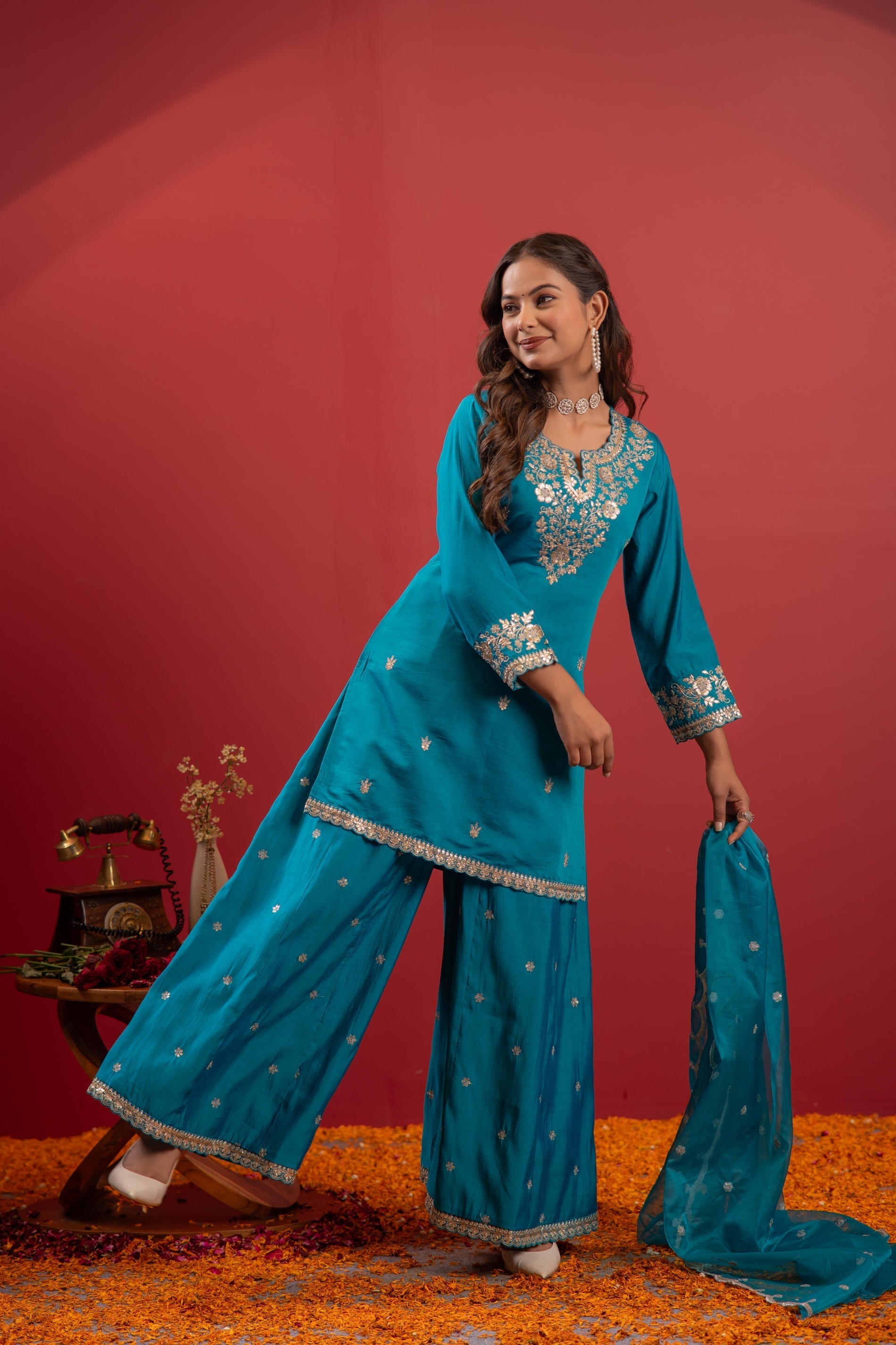 Juniper Rama Green Embroidered Kurta With Palazzo & Dupatta Set | Grocsy