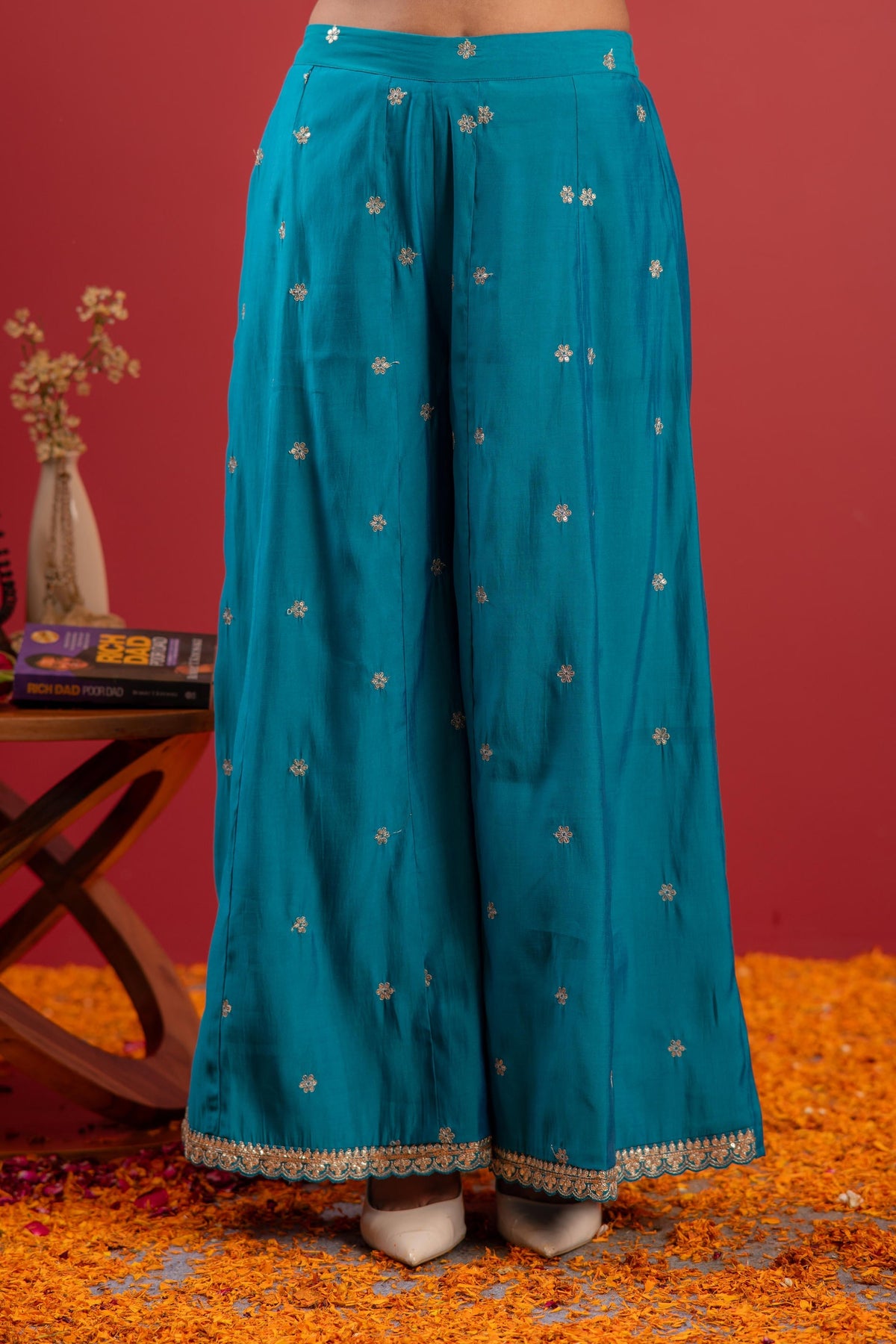 Juniper Rama Green Embroidered Kurta With Palazzo & Dupatta Set | Grocsy