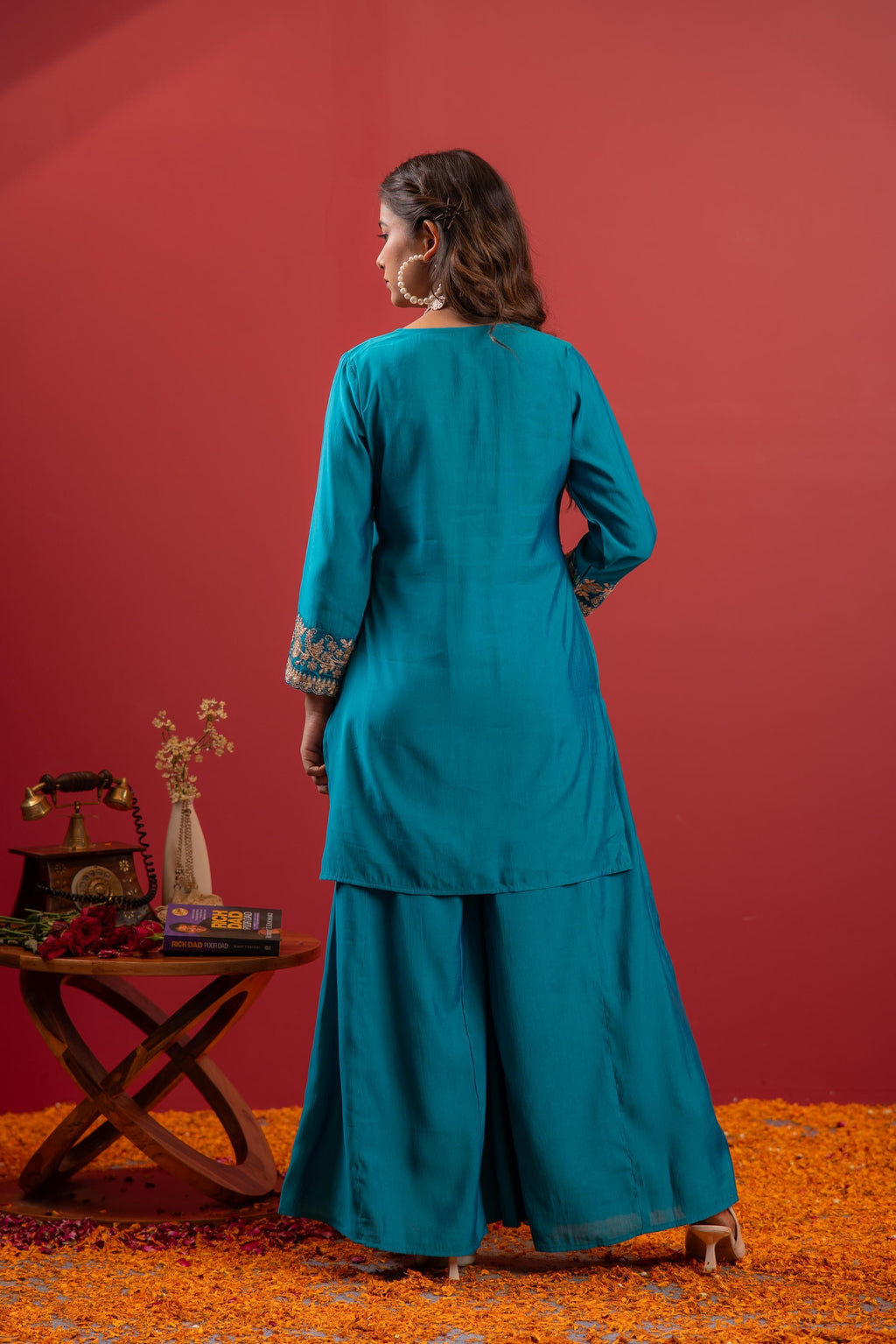 Juniper Rama Green Embroidered Kurta With Palazzo & Dupatta Set | Grocsy