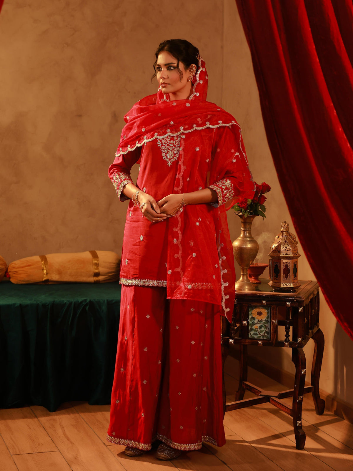 Juniper Red Viscose Flared Kurta With Palazzo & Dupatta Set With Mirror, Thread & Zari Work | Grocsy