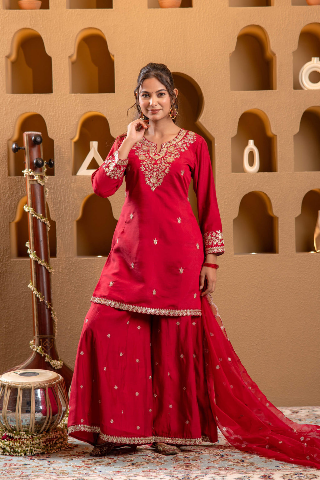 Juniper Red Viscose Flared Kurta With Palazzo & Dupatta Set With Mirror, Thread & Zari Work | Grocsy