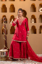Juniper Red Viscose Flared Kurta With Palazzo & Dupatta Set With Mirror, Thread & Zari Work | Grocsy