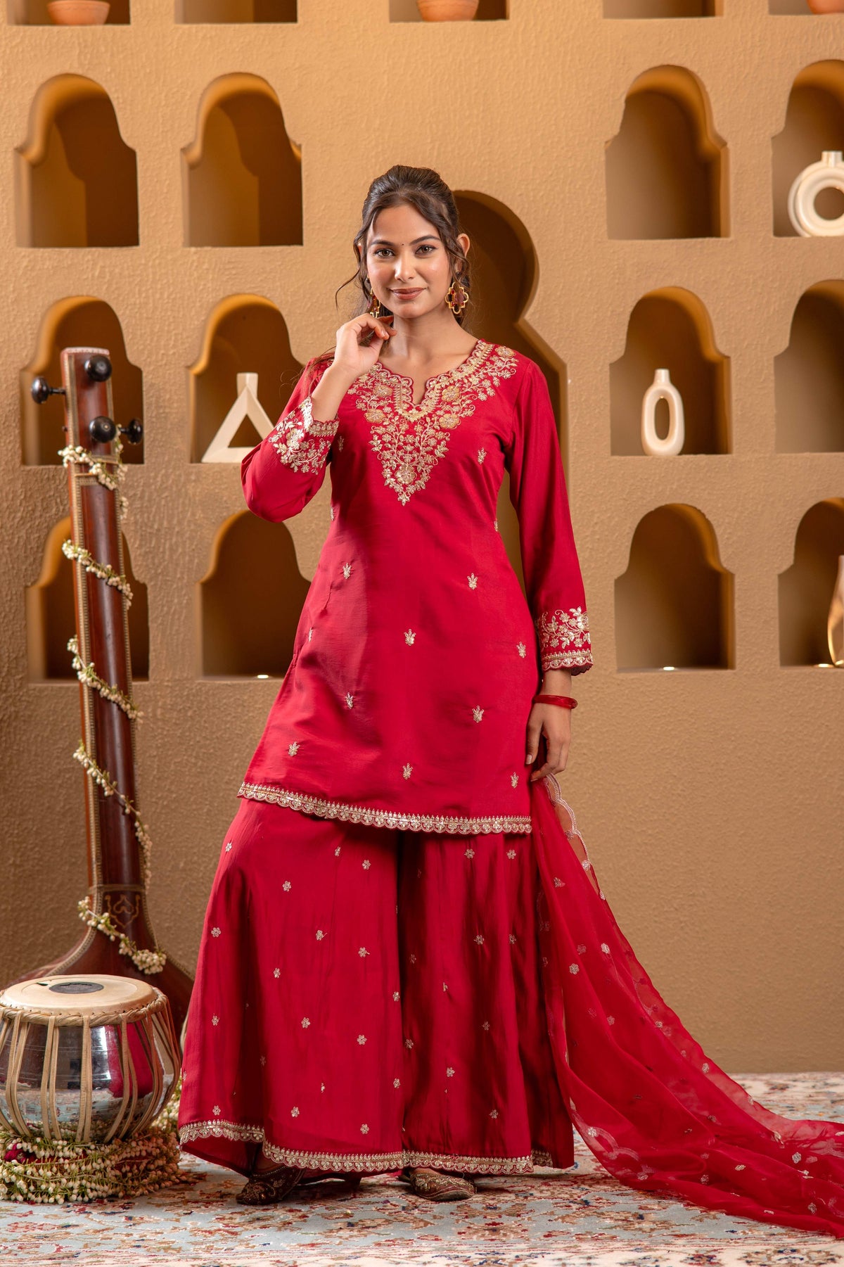 Juniper Red Viscose Flared Kurta With Palazzo & Dupatta Set With Mirror, Thread & Zari Work | Grocsy