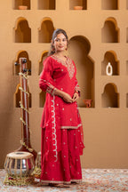 Juniper Red Viscose Flared Kurta With Palazzo & Dupatta Set With Mirror, Thread & Zari Work | Grocsy