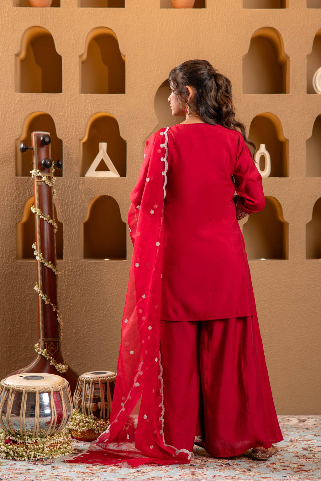 Juniper Red Viscose Flared Kurta With Palazzo & Dupatta Set With Mirror, Thread & Zari Work | Grocsy