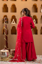 Juniper Red Viscose Flared Kurta With Palazzo & Dupatta Set With Mirror, Thread & Zari Work | Grocsy
