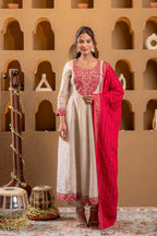 Juniper Ivory Anarkali Kurta Set With Pink Thread Embroidery & Dupatta | Grocsy