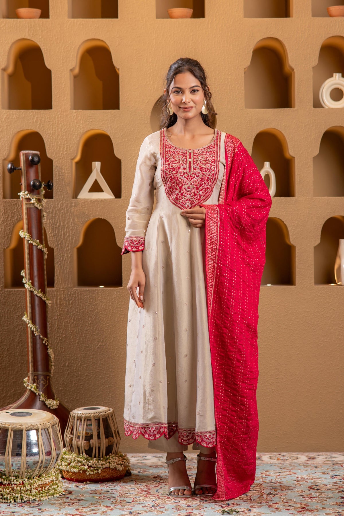 Juniper Ivory Anarkali Kurta Set With Pink Thread Embroidery & Dupatta | Grocsy