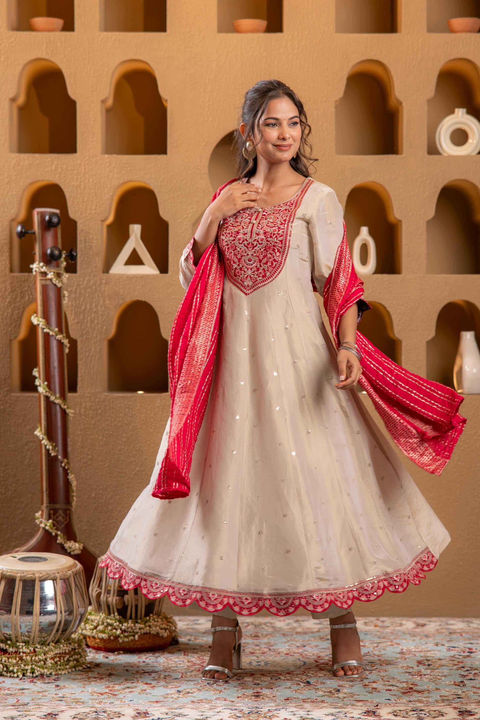 Juniper Ivory Anarkali Kurta Set With Pink Thread Embroidery & Dupatta | Grocsy