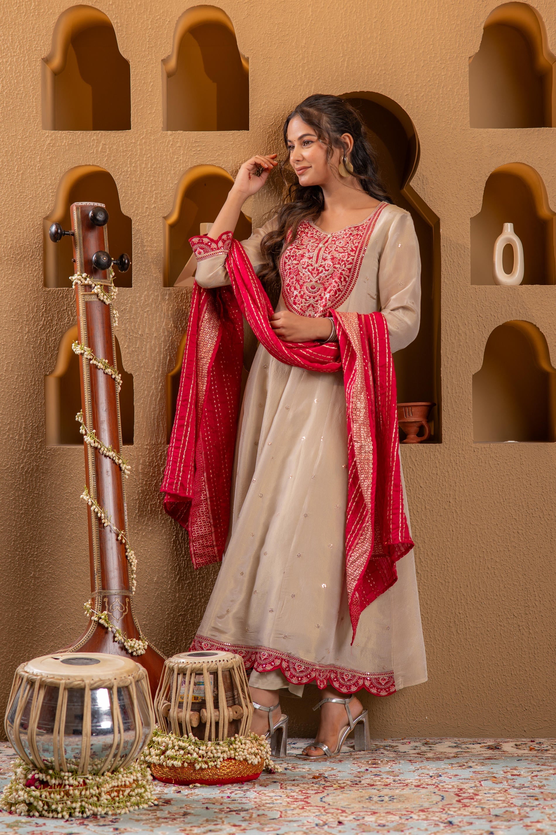 Juniper Ivory Anarkali Kurta Set With Pink Thread Embroidery & Dupatta | Grocsy