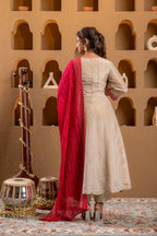 Juniper Ivory Anarkali Kurta Set With Pink Thread Embroidery & Dupatta | Grocsy