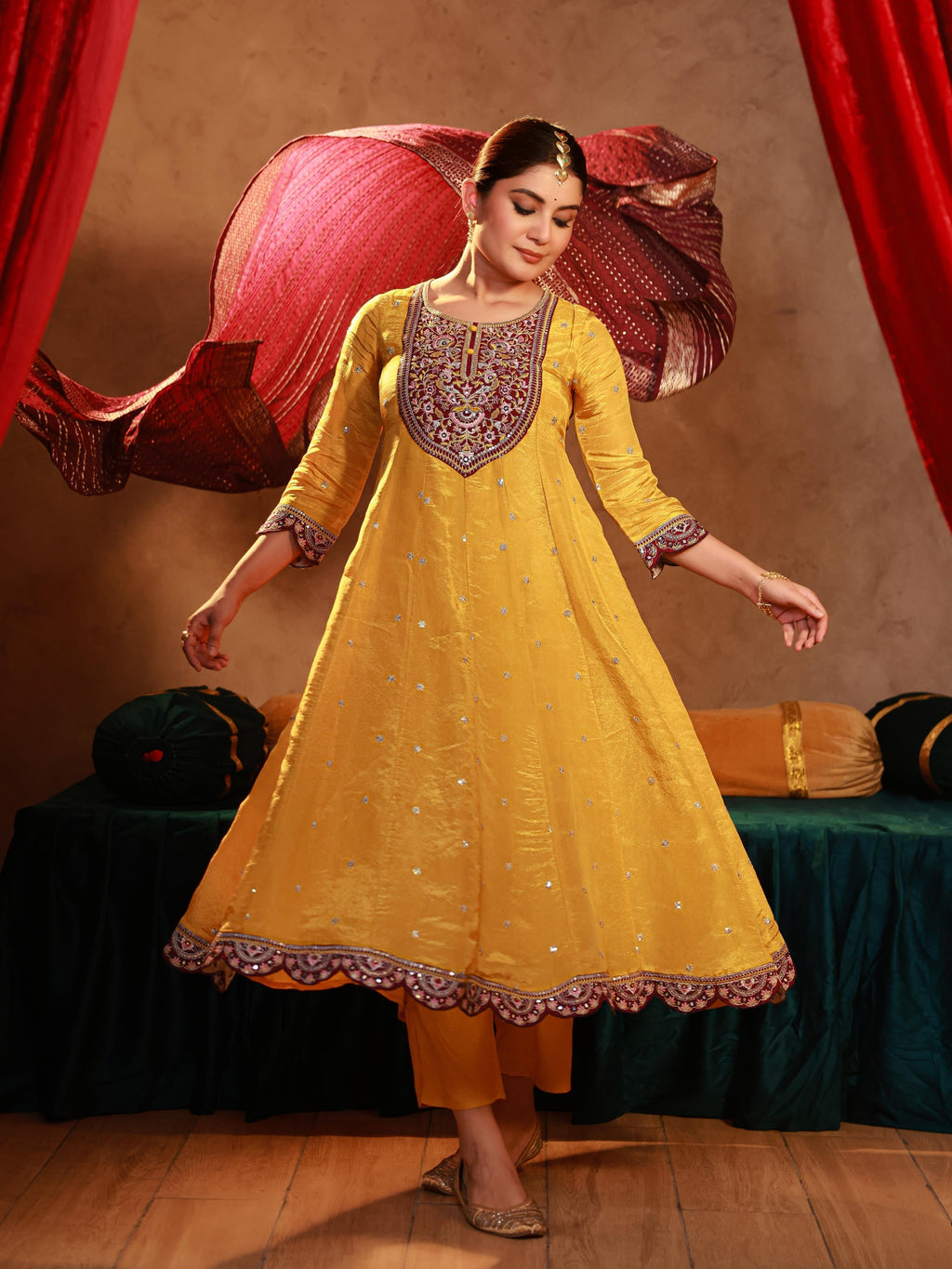 Juniper Mustard Nylon Flared Kurta Pant And Dupatta Set With Zari, Mirror, Thread & Sequin Work | Grocsy