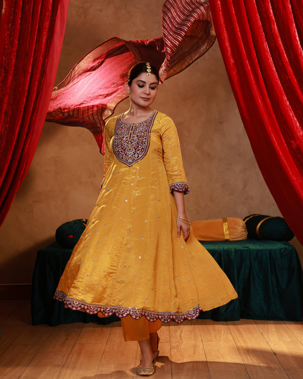 Juniper Mustard Nylon Flared Kurta Pant And Dupatta Set With Zari, Mirror, Thread & Sequin Work | Grocsy
