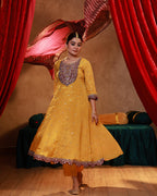 Juniper Mustard Nylon Flared Kurta Pant And Dupatta Set With Zari, Mirror, Thread & Sequin Work | Grocsy