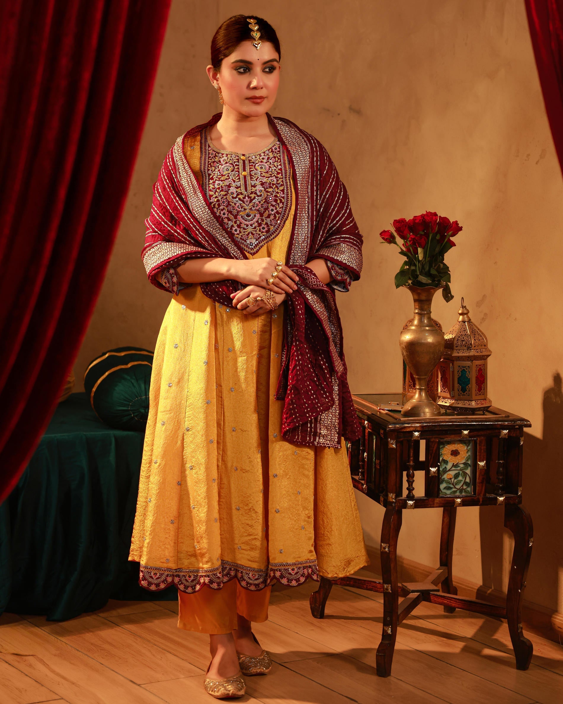 Juniper Mustard Nylon Flared Kurta Pant And Dupatta Set With Zari, Mirror, Thread & Sequin Work | Grocsy