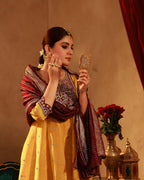 Juniper Mustard Nylon Flared Kurta Pant And Dupatta Set With Zari, Mirror, Thread & Sequin Work | Grocsy