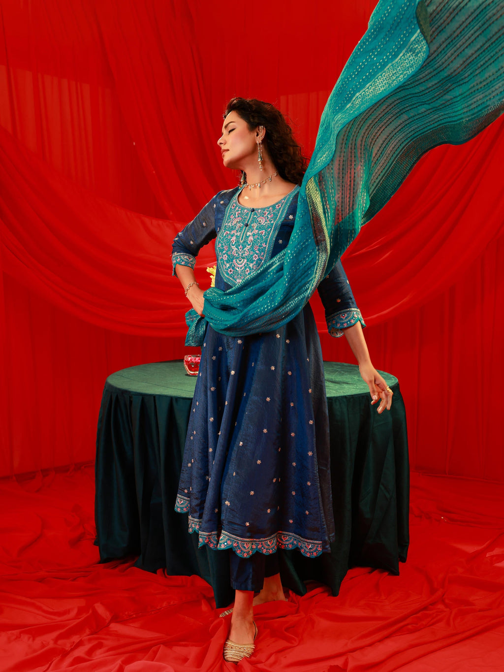 Juniper Navy Blue Nylon Flared Kurta Pant And Dupatta Set With Zari, Mirror, Thread & Sequin Work | Grocsy