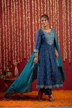 Juniper Navy Blue Nylon Flared Kurta Pant And Dupatta Set With Zari, Mirror, Thread & Sequin Work | Grocsy