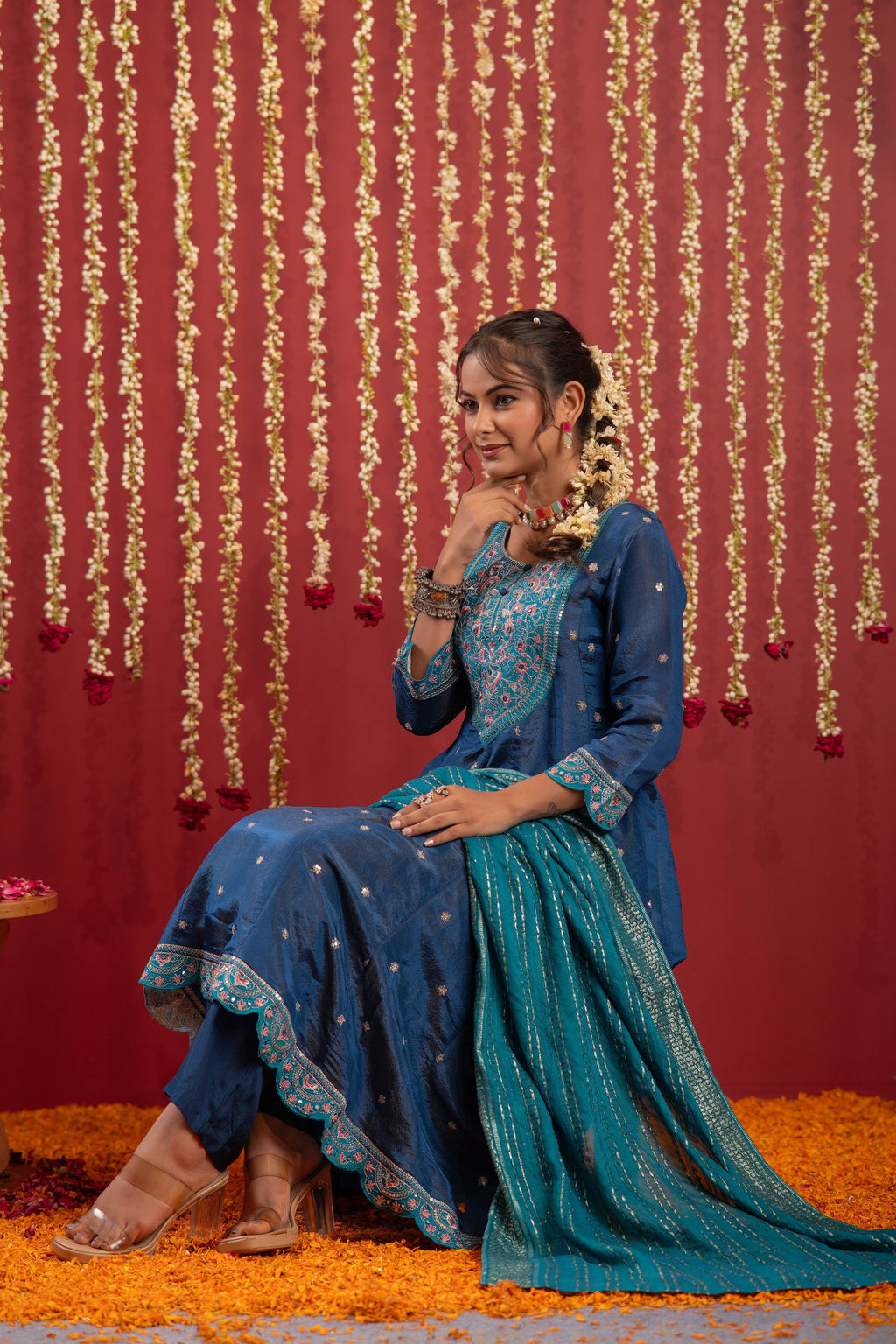 Juniper Navy Blue Nylon Flared Kurta Pant And Dupatta Set With Zari, Mirror, Thread & Sequin Work | Grocsy