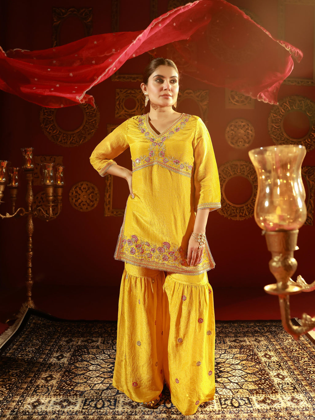 Juniper Mustard Nylon Kurta Sharara And Dupatta Set With Zari, Mirror, Thread & Sequin Embroidery | Grocsy