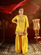 Juniper Mustard Nylon Kurta Sharara And Dupatta Set With Zari, Mirror, Thread & Sequin Embroidery | Grocsy