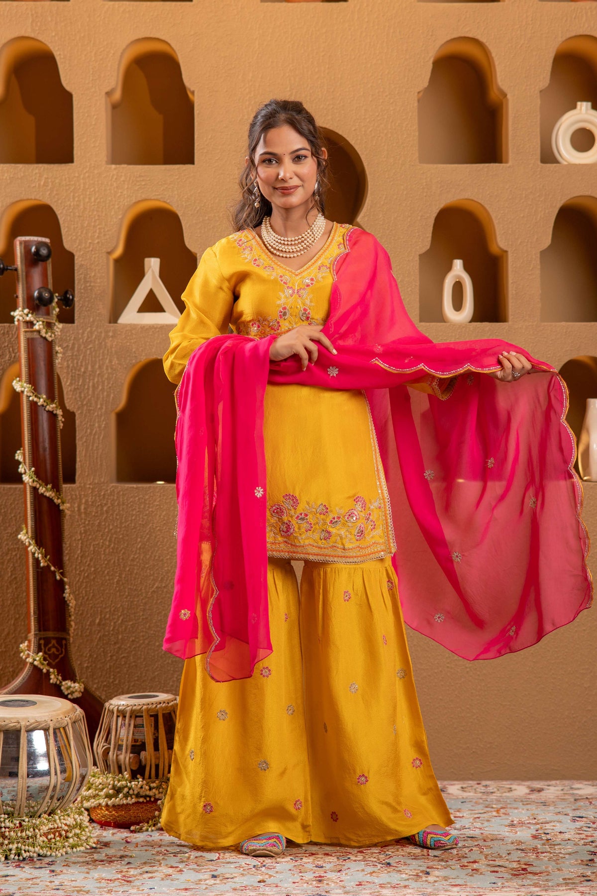 Juniper Mustard Nylon Kurta Sharara And Dupatta Set With Zari, Mirror, Thread & Sequin Embroidery | Grocsy