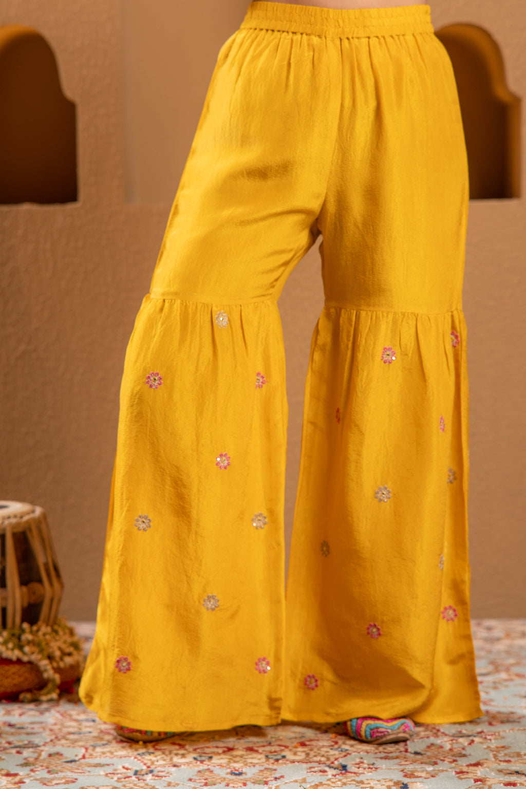 Juniper Mustard Nylon Kurta Sharara And Dupatta Set With Zari, Mirror, Thread & Sequin Embroidery | Grocsy