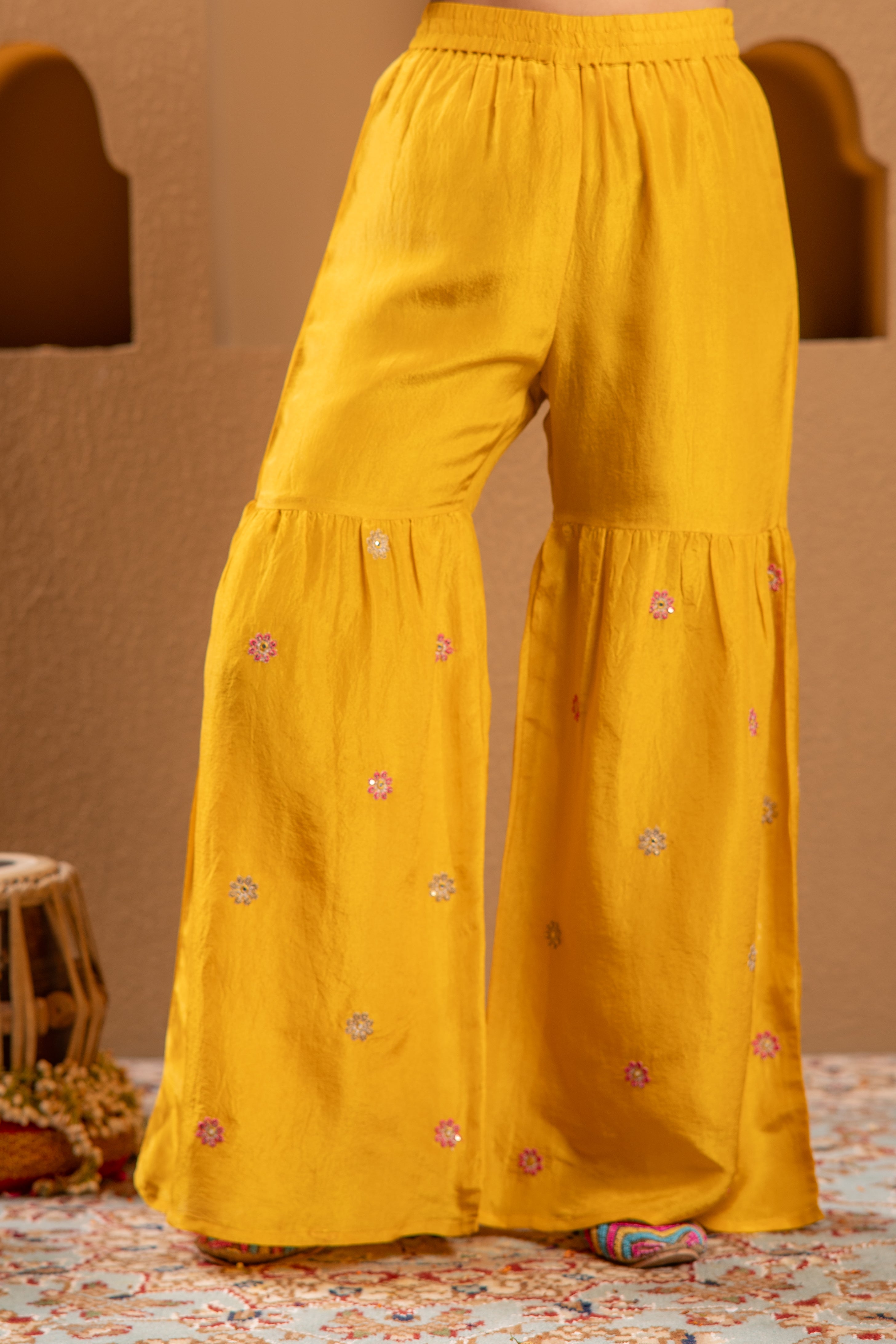 Juniper Mustard Nylon Kurta Sharara And Dupatta Set With Zari, Mirror, Thread & Sequin Embroidery | Grocsy