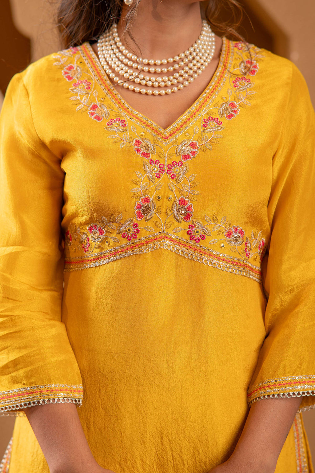 Juniper Mustard Nylon Kurta Sharara And Dupatta Set With Zari, Mirror, Thread & Sequin Embroidery | Grocsy