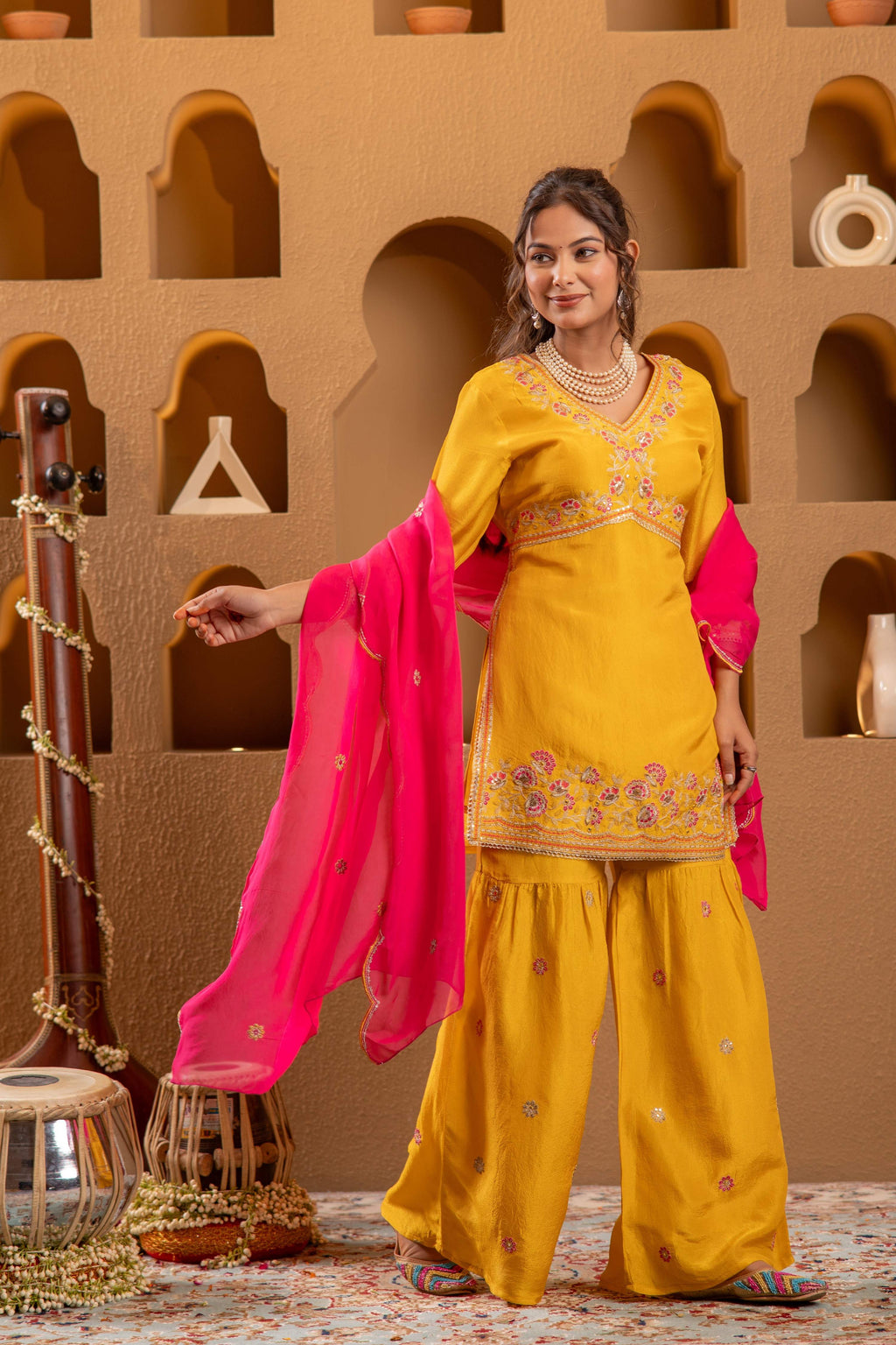 Juniper Mustard Nylon Kurta Sharara And Dupatta Set With Zari, Mirror, Thread & Sequin Embroidery | Grocsy