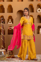 Juniper Mustard Nylon Kurta Sharara And Dupatta Set With Zari, Mirror, Thread & Sequin Embroidery | Grocsy
