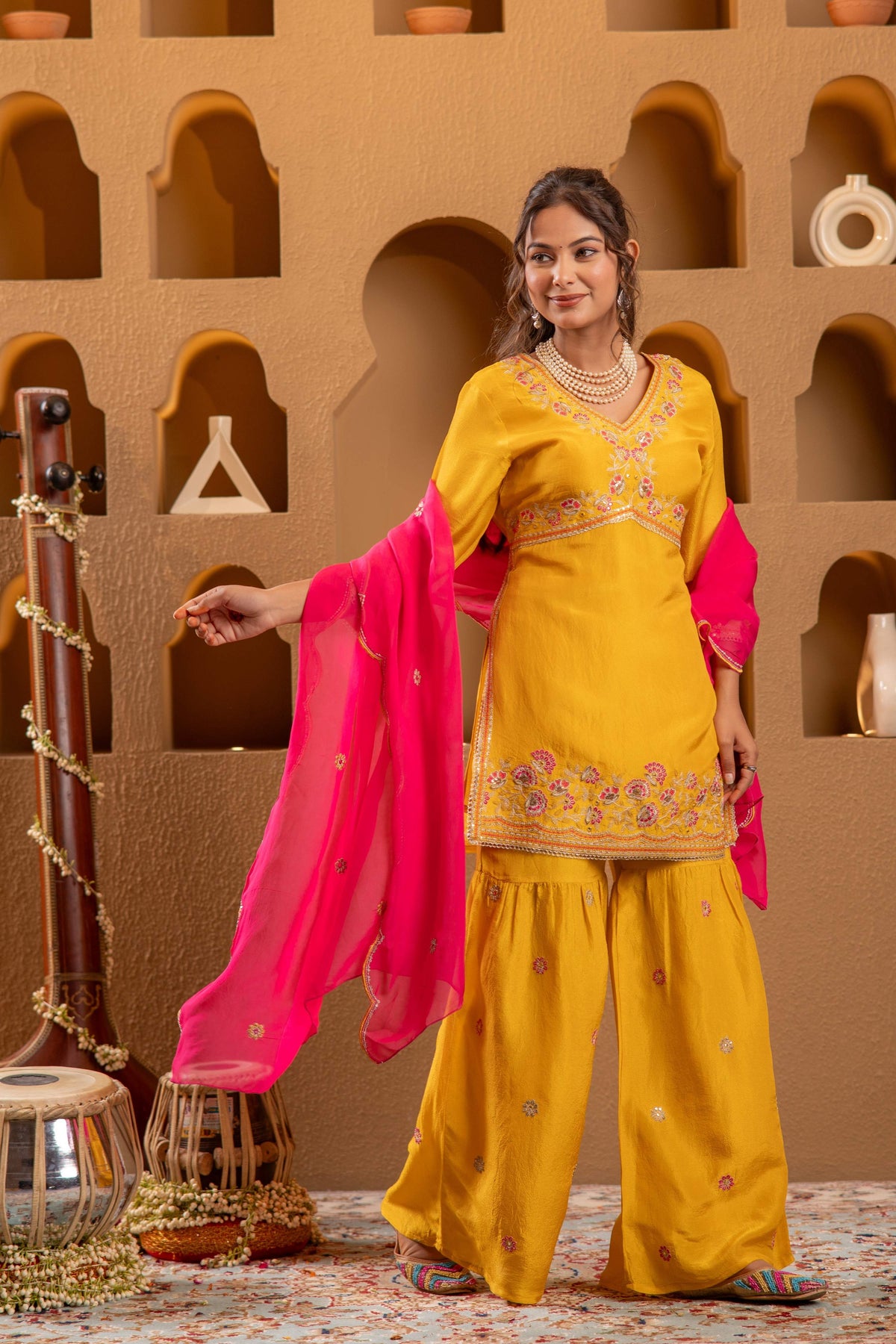 Juniper Mustard Nylon Kurta Sharara And Dupatta Set With Zari, Mirror, Thread & Sequin Embroidery | Grocsy