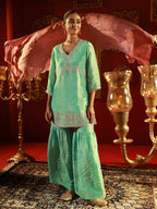 Juniper Sky Blue Nylon Kurta Sharara And Dupatta Set With Zari, Mirror, Thread & Sequin Embroidery | Grocsy
