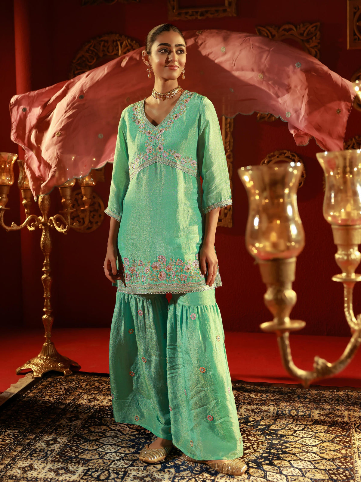 Juniper Sky Blue Nylon Kurta Sharara And Dupatta Set With Zari, Mirror, Thread & Sequin Embroidery | Grocsy