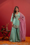 Juniper Sky Blue Nylon Kurta Sharara And Dupatta Set With Zari, Mirror, Thread & Sequin Embroidery | Grocsy