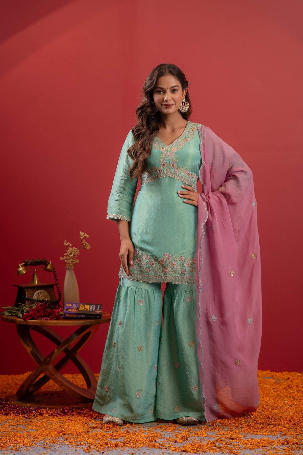 Juniper Sky Blue Nylon Kurta Sharara And Dupatta Set With Zari, Mirror, Thread & Sequin Embroidery | Grocsy