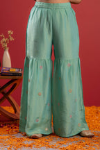 Juniper Sky Blue Nylon Kurta Sharara And Dupatta Set With Zari, Mirror, Thread & Sequin Embroidery | Grocsy