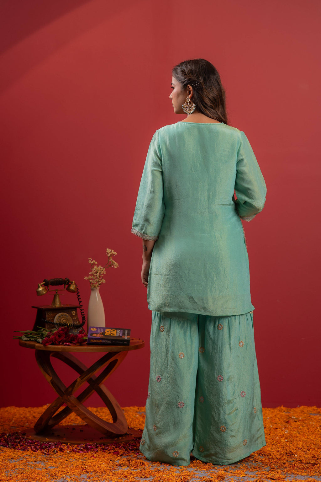 Juniper Sky Blue Nylon Kurta Sharara And Dupatta Set With Zari, Mirror, Thread & Sequin Embroidery | Grocsy