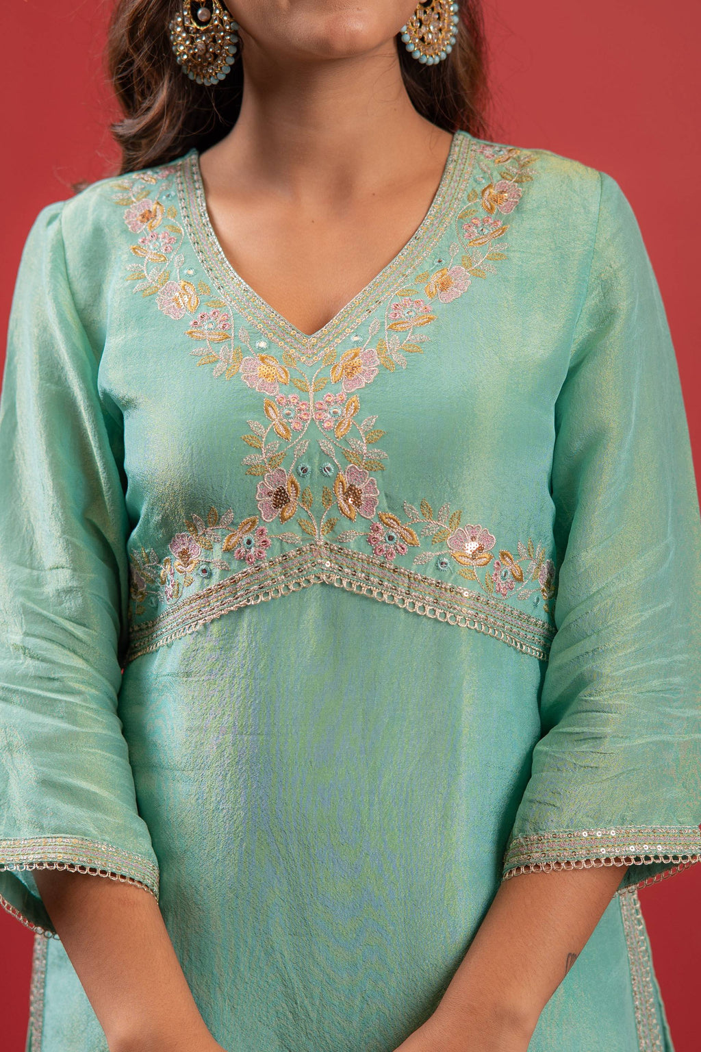 Juniper Sky Blue Nylon Kurta Sharara And Dupatta Set With Zari, Mirror, Thread & Sequin Embroidery | Grocsy