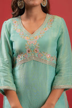 Juniper Sky Blue Nylon Kurta Sharara And Dupatta Set With Zari, Mirror, Thread & Sequin Embroidery | Grocsy