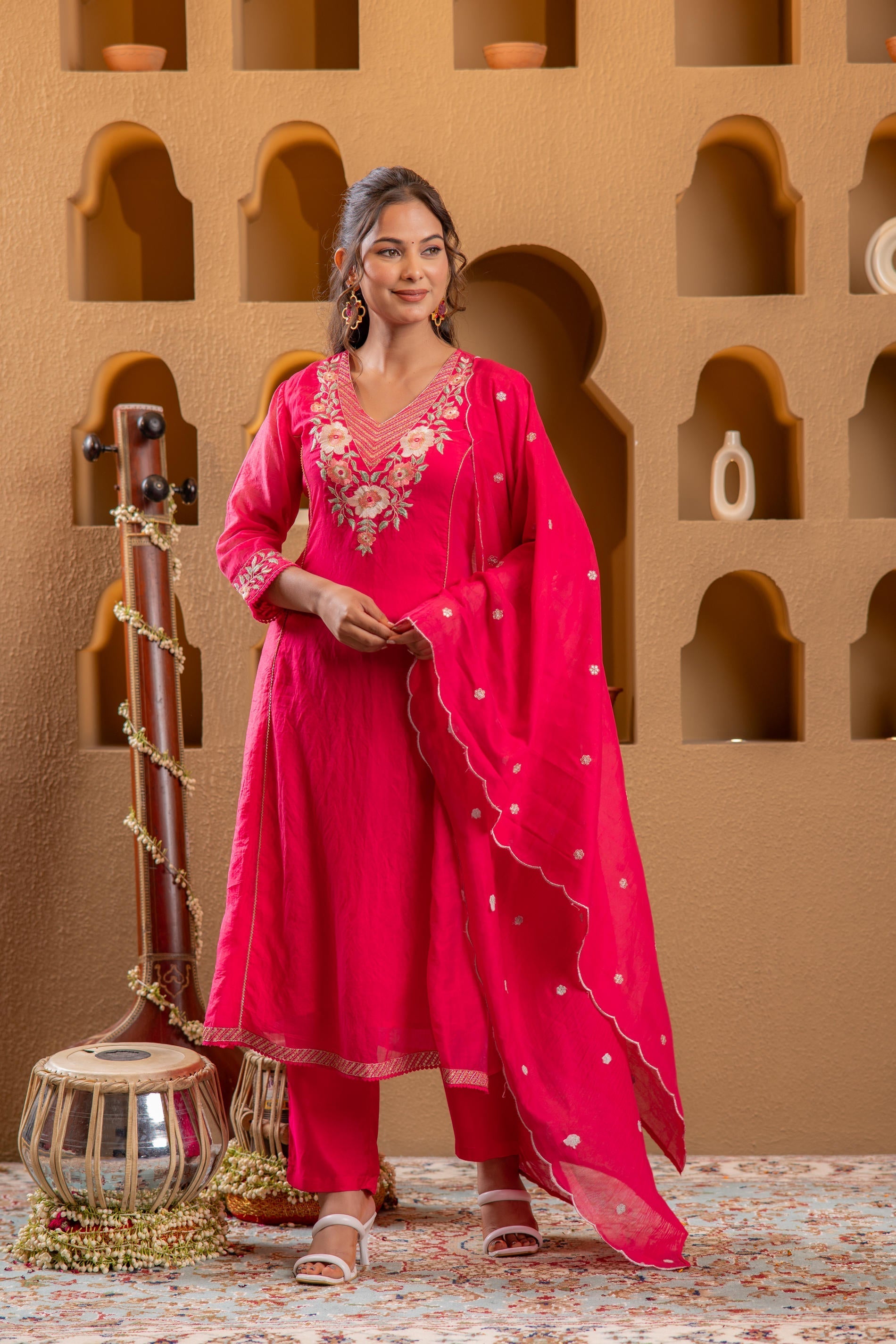 Juniper Fuchsia Floral Embroidered Kurta Set With Scallop Dupatta | Grocsy