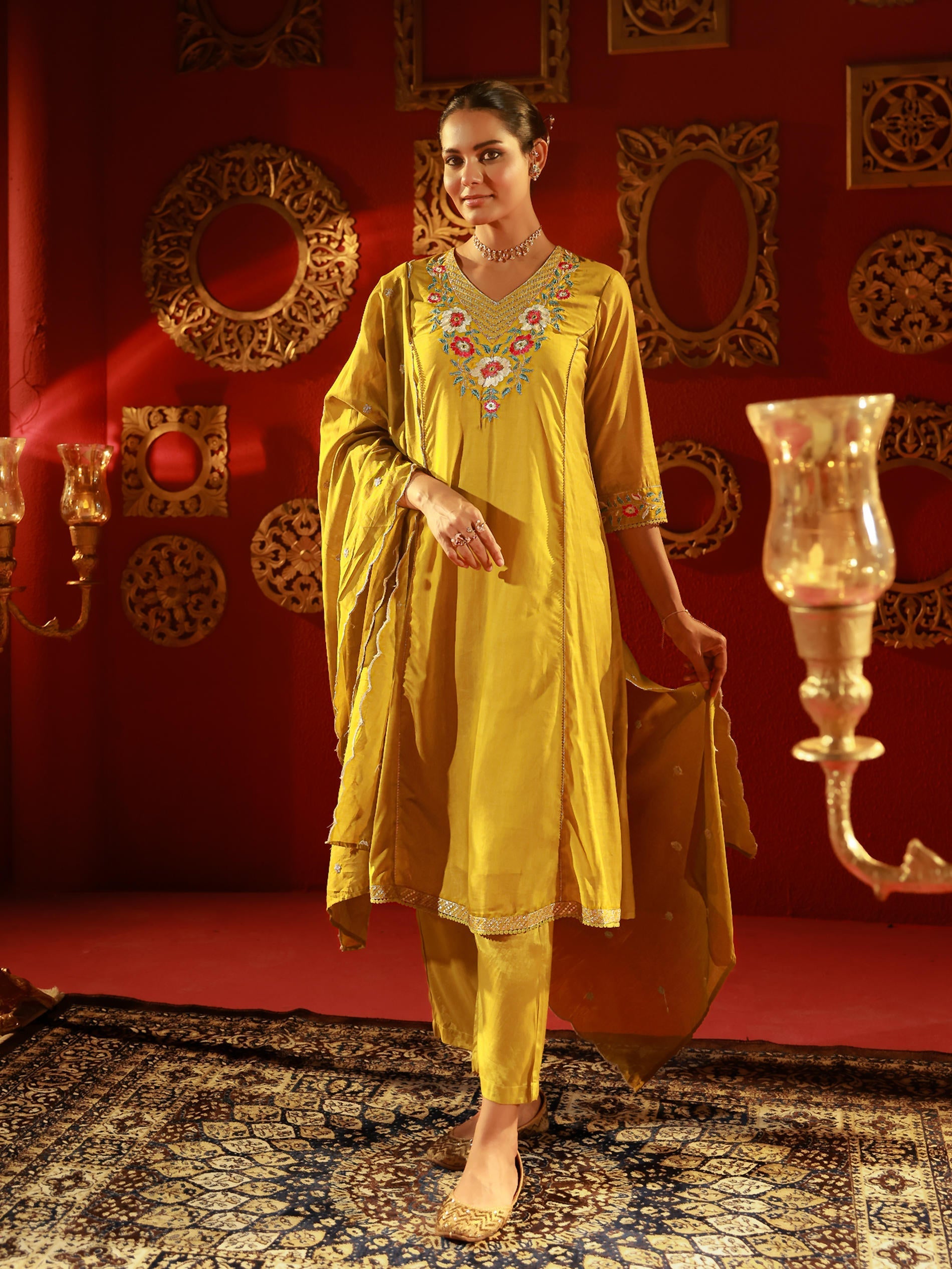 Juniper Mustard Viscose Flared Kurta With Pants & Dupatta Set With Thread & Zari Work | Grocsy
