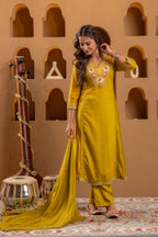 Juniper Mustard Viscose Flared Kurta With Pants & Dupatta Set With Thread & Zari Work | Grocsy