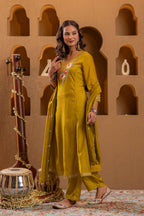 Juniper Mustard Viscose Flared Kurta With Pants & Dupatta Set With Thread & Zari Work | Grocsy