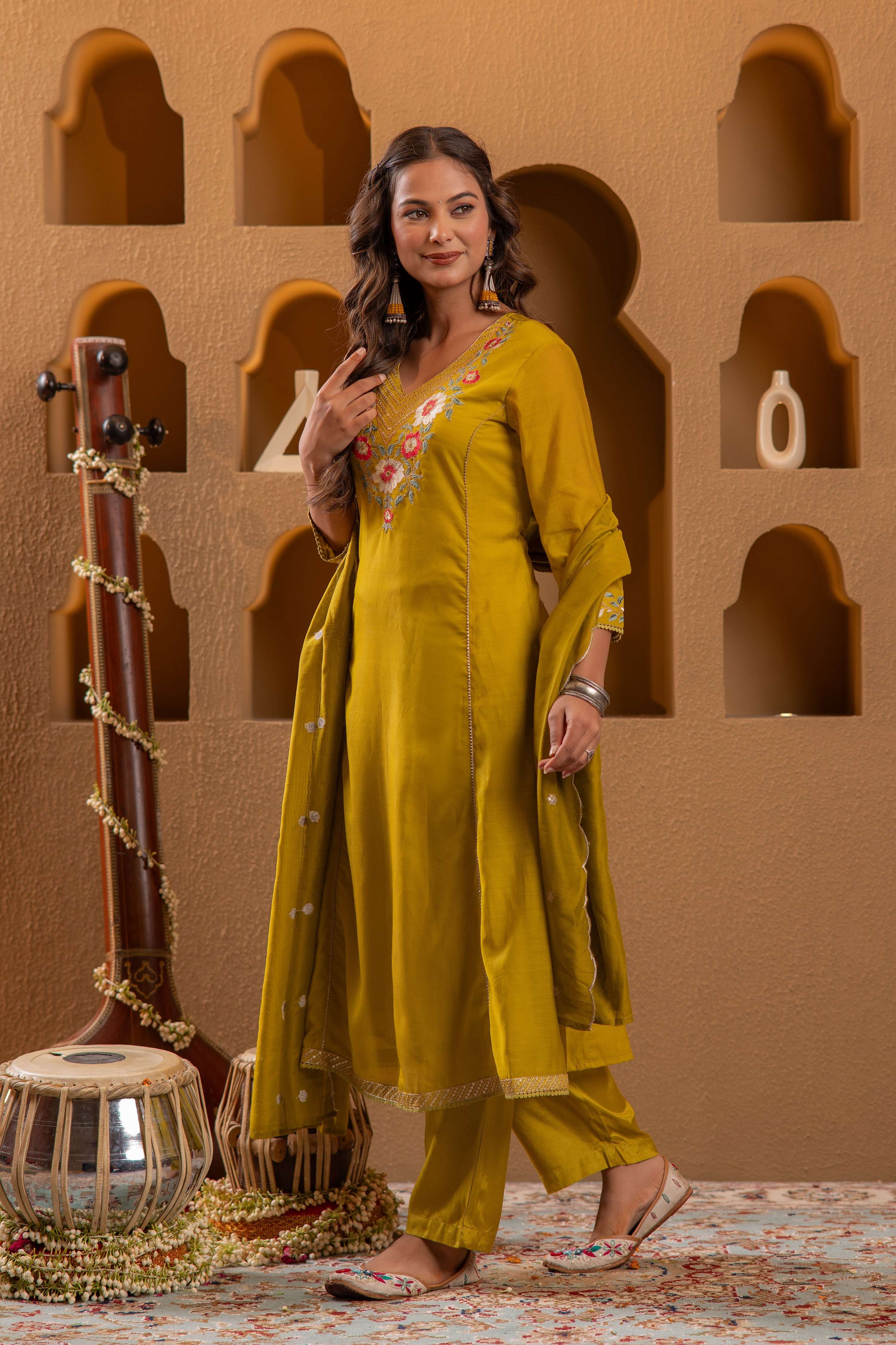 Juniper Mustard Viscose Flared Kurta With Pants & Dupatta Set With Thread & Zari Work | Grocsy